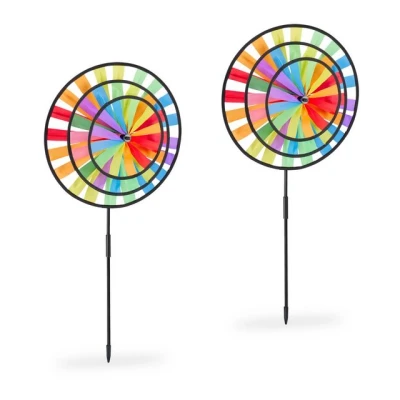 Abbildung von Relaxdays Windrad, 2er Set, Regenbogen Design, Kinder, Windspielstecker für Balkon &amp; Garten, HBT: 72 x 35 15 cm, bunt