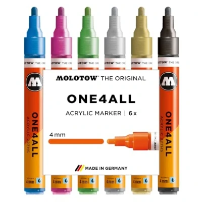 Abbildung von Molotow One4All 227HS Acryl Marker Metallic Set (4,0 mm Strichstärke, hochdeckend und permanent, schnell trocknend, nachfüllbar, für fast alle Untergründe) 6 Stück sortiert