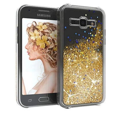 Abbildung von EAZY CASE Hülle kompatibel mit Samsung Galaxy J1 (2015) Schutzhülle Flüssig Glitzer, Handyhülle, Schutzhülle, Back Cover Glitter Flüssigkeit, aus TPU/Silikon, Transparent/Durchsichtig, Gold
