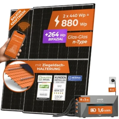 Abbildung von Solarway 880W Balkonkraftwerk 800W komplett Steckdose mit 1,6kWh Anker Solix Speicher neuester Wechselrichter 440W bifaziale Solarmodule &amp; Envertech Zubehör