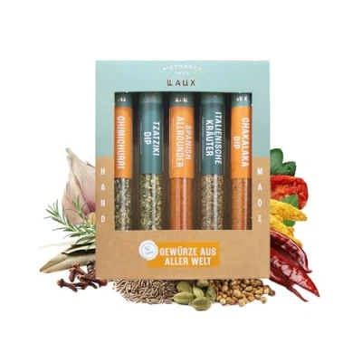 Abbildung von Laux Gewürze Aus Aller Welt Geschenkbox 5 Seltene Premium Hochwertiges Salat &amp; Grill Zubehör Ausgefallene Geschenke für Männer Frauen