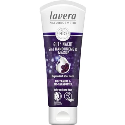 Abbildung von lavera Gute Nacht 2 in 1 Handcreme &amp; maske mit Bio Traube Shea Butter regeneriert über reichhaltige langanhaltende Pflege Naturkosmetik vegan (1 x 75 ml)