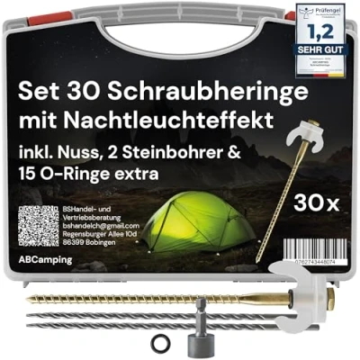 Abbildung von ABCamping Schraubheringe Set [30 Stück] Stahl Heringe für weiche bis Harte Böden inkl. Bohrer (5mm &amp; 6mm) Zeltschrauben mit Leuchteffekt, Transportbox, 15x O Ringe Bit Akkuschrauber