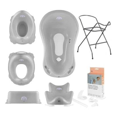 Abbildung von Hylat Baby Komplett Set: Stabile Babybadewanne mit Thermometer, Gestell, Badesitz und Abfluss, Kinder Toilettensitz, Babytopf, Kinderschemel ideale Lösung für die tolle Badeerlebnisse