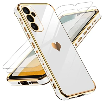 Abbildung von LeYi Hülle für Samsung Galaxy A34 5G Handyhülle mit 2 Stück Panzerfolie, Cute Herz Muster TPU Silikon Galvanik Schutzhülle Cover Case Mädchen, Kameraschutz und Bildschirmschutz, Weiß