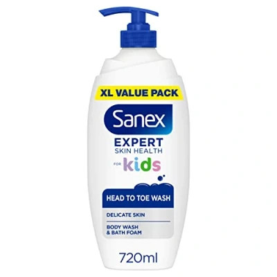 Abbildung von Sanex Expert Skin Health Duschgel für Kinder, 720 ml, schützt empfindliche Haut, reinigt sanft, 12 Stunden Hydratation, dermatologisch getestet, Kinderärzte zugelassen, 4 Stück