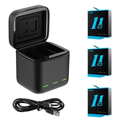 Abbildung von TELESIN Dreifach Ladegerät und Akku Speicherbox mit 3 Kanälen 2 wiederaufladbaren Lithium Ionen Akkus für Gopro Hero 10/9 Black (Ladegerät + Akkus)…