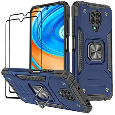 Abbildung von KANSi Hülle kompatibel für Xiaomi Redmi Note 9 Pro/Redmi 9S, Schutzfolie [2 Stück] Silikon TPU Hart PC Handy Hüllen 360 Grad Drehbar Ringhalter Bumper Stoßdämpfung Schutzhülle Blau