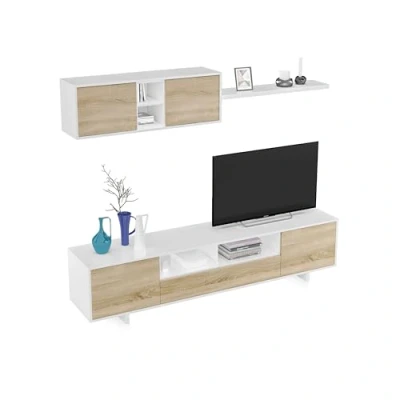Abbildung von Habitdesign Moderne Wohnzimmermöbel, Modell Belus, Finish in glänzendem Weiß und kanadischer Eiche, Maße: 200 cm (Breite) x 41 (Tiefe) 46 (Höhe)