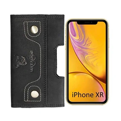 Abbildung von MATADOR Leder Gürteltasche kompatibel für Apple iPhone 15 Pro/ 15/14 14/13 13/12 12/11/ XR Druckknöpfverschluss Breite Schlaufe Karabienerhacken Schwarz