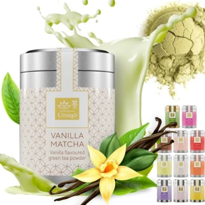 Abbildung von Tea Uniqo Vanille Matcha Tee Pulver Ideal zum Trinken, für Eis, Latte, Shakes, Backen oder Kochen Japanischer Grüntee mit Vanilla Geschmack, ohne künstliche Farbstoffe