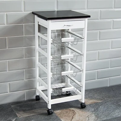 Abbildung von Chef Vida Küchenwagen mit Schubladen, 4 stöckig, Kiefernholz, Weiß/Schwarz, 81 x 37 cm