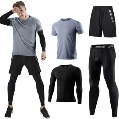 Abbildung von Kompressionsanzug Herrenanzug Trainingsanzug 4 teiliges Herren atmungsaktives Sportswear Laufanzug Kurzarmhemd Kompressionshemden Halbhose Strumpfhose Grau M