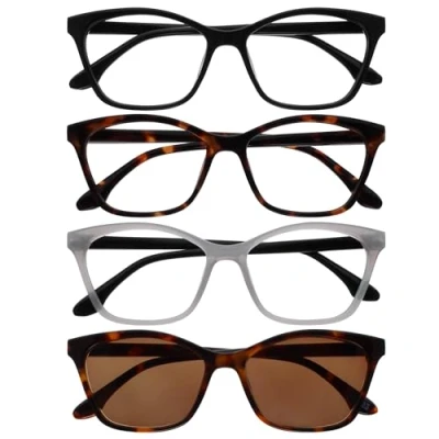 Abbildung von OPULIZE KAT Lese &amp; Sonnenleser 4er Pack Cat Eye Katzenaugen Fassung Schwarz, Braun, Grau, Braun Herren Damen Federscharniere RRRS59 1272 +1.50