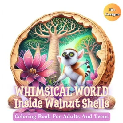 Abbildung von Whimsical World Inside Walnut Shells Coloring Book for Adults and Teens: Featuring Grayscale Designs of Miniature Animals Relaxation Creativity