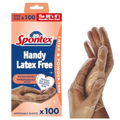 Abbildung von Spontex Protect Einmalhandschuhe aus Vinyl, ungepudert und latexfrei, vielseitig einsetzbar, in praktischer Spenderbox, Größe L, 100er Pack,