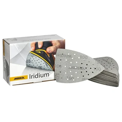 Abbildung von Mirka Iridium Schleifdreieck Premium Schleifpapier 100x152x152mm 36 Loch Klett Korn 100, 50 Stk / Zum Schleifen von Lack, Spachtel, Grundierung, Holz, Stahl, Mineralwerkstoffe, Kunststoff