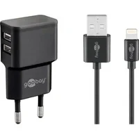 Abbildung von goobay 44995 USB Netzteil + Ladekabel Set / 2 Port Adapter für Steckdose 2,4 A (12W) mit Schutzelektronik/inkl. 1m Lightning Kabel/Schwarz