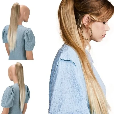 Abbildung von CAISHA 60cm Glatt Pferdeschwanz Mit Butterflyklammer Haarteil Zopf Hitzebeständig Haarverlängerung Blond Mix H614