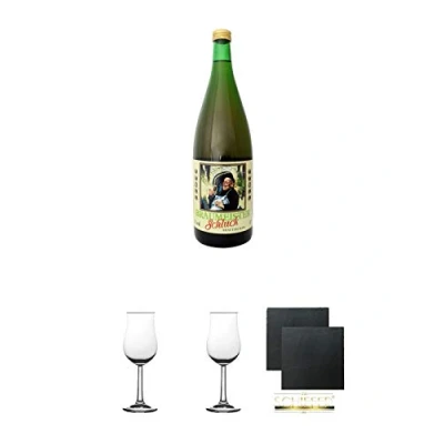 Abbildung von Abtshof Braumeisterschluck 1,0 Liter + 2 Bugatti Nosing Gläser mit Eichstrich 2cl und 4cl Schiefer Glasuntersetzer eckig ca. 9,5 cm Ø
