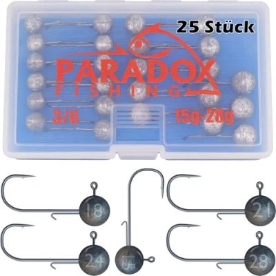Abbildung von Paradox Fishing Jigköpfe Set 3/0 25x I je 5X 15g/18g/21g/24g/28g Jig Köpfe Gummifisch mit Jighead für Gummifische Zander Angelzubehör