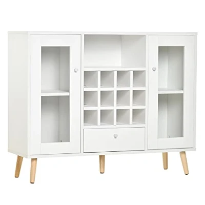 Abbildung von HOMCOM Küchenschrank Sideboard Küchenmöbel mit Glastüren Schublade und 12 Flaschen Weinregal für Esszimmer Küche Spanplatte Hartholz Weiß 100 x 33 80 cm