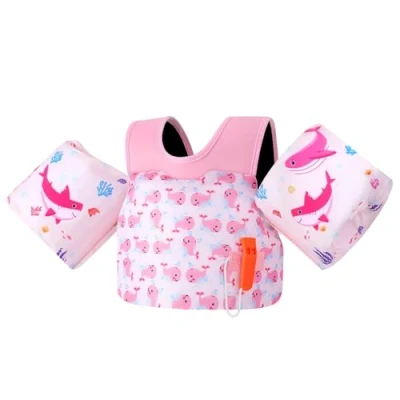 Abbildung von MoKo Kleinkind Schwimmflügel für Kinder, Schwimmjacke Kleinkinder 20 50 lbs, Wasserflügel mit Notfallpfeife, Niedliche Schwimm Trainingsweste Zubehör Strand, Schwimmbad, Rosa Whale