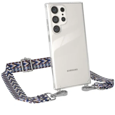 Abbildung von EAZY CASE Handykette Verstellbarer Handyriemen kompatibel mit Samsung Galaxy S23 Ultra, Kette für Phone, dünner Riemen, Taschengurt Hülle, DIY Handyband, Blau/Weiß Carabiner Silber