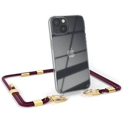 Abbildung von EAZY CASE kombinierbare Handyketten kompatibel mit iPhone 14, Transparente Silikon Hülle stylischen rundem Umhängeband, Abnehmbarer Karabiner, Band, zum Umhängen, Beere Clips Gold