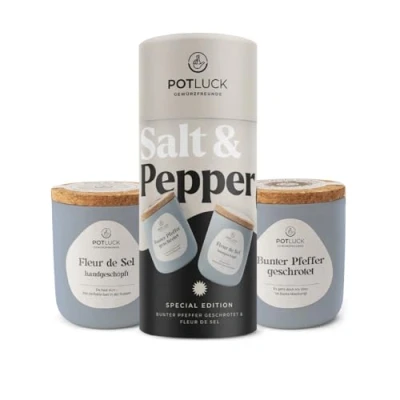 Abbildung von POTLUCK I Best of 2er Geschenkset Salz, Pfeffer, Pfeffer Mix Wiederverwendbarer Keramiktopf Gesunde Ernährung, Lecker Essen für zu Hause