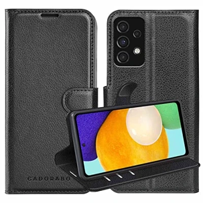 Abbildung von Cadorabo Hülle kompatibel mit Samsung Galaxy A52 (4G / 5G) A52s in Phantom SCHWARZ Schutzhülle Magnetverschluss, Standfunktion und Kartenfach