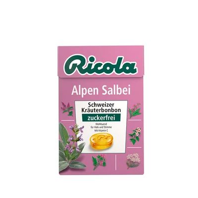 Abbildung von Ricola Alpen Salbei, 50g Böxli Original Schweizer Kräuter Bonbons mit 13 Alpenkräutern, wohltuendem Salbei &amp; Vitamin C, zuckerfrei, 1 x 50g, vegan