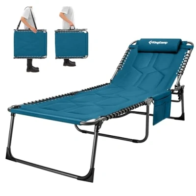 Abbildung von KingCamp Übergroße Sonnenliege Klappbar 5 Fach Verstellbar Gartenliege Liegestuhl Dreibeinliege Liege Campingliege mit Kopfkissen und Seitentasche bis 150 kg für Garten Urlaub Strand Pool 200 x 68 cm