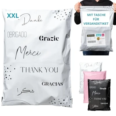 Abbildung von EMBALLAX 20 Versandtaschen MIT TASCHE FÜR VERSANDETIKETT XXL 60x45cm WIDERSTANDSFÄHIG/WASSERDICHT Versandtüten für Kleidung Warensendung Umschlag Kartons Versandbeutel Danke