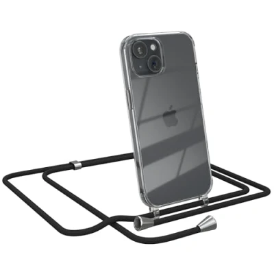 Abbildung von EAZY CASE Handykette kompatibel mit iPhone 15 Handyhülle Umhängeband, Handykordel Schutzhülle, Silikonhülle, Hülle Band, Stylische Kette für Smartphone, Schwarz
