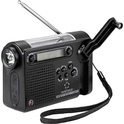 Abbildung von Renkforce Notfall Kurbelradio (UKW/MW/KW Radio (wiederaufladbar, Solarpanel, Handkurbel, Weckfunktion, Taschenlampe)