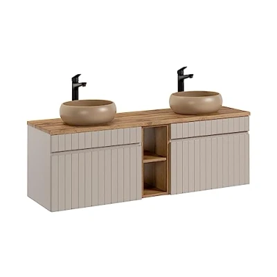 Abbildung von Iconic Cashmere, Doppelwaschbecken, 140 cm, Hängeschrank, Eiche, Beige (mit Arbeitsplatte)