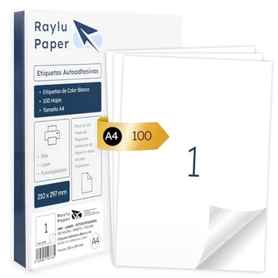 Abbildung von Raylu Paper ® Weiße selbstklebende Etiketten zum Drucken, 100 Stück Aufkleber auf A4 Blatt für Inkjet Drucker, Laser und Fotokopierer, 1 Etikett pro (210 x 297 mm)