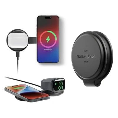 Abbildung von Native Union Voyage 2 in 1 Magnetic Wireless Charger Faltbare Reiseladestation für iPhone 16, AirPods, Apple Watch &amp; mehrere Geräte Qi2 Zertifiziert MagSafe kompatibel bis zu 15W (Schwarz)