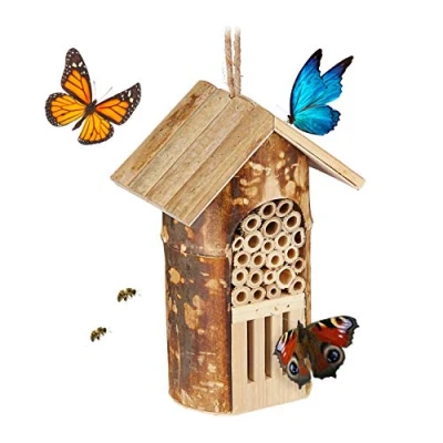 Abbildung von Relaxdays Insektenhotel, Nisthilfe Wildbienen &amp; Schmetterlinge, hängend o. stehend, Garten, HBT: 20 x 13,5 10cm, Natur