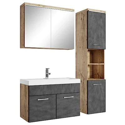Abbildung von Badezimmer Badmöbel Set Paso LED 80cm Waschbecken Kastanien Eiche mit Dunkle Grau Unterschrank 1x Hochschrank Möbel