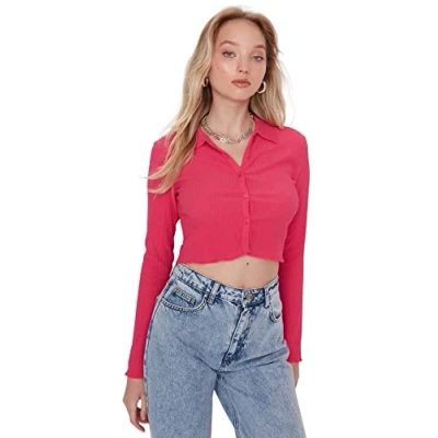 Abbildung von Trendyol Damen Figurbetont Standard Hemdblusenkragen Gestrickt Bluse, Grün, XS