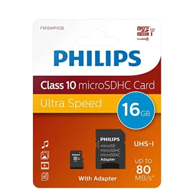 Abbildung von Philips Ultra Speed microSDHC Card 16 GB + SD Adapter UHS I U1, Lesegeschwindigkeit bis zu 80 MB/s, A1 Fast App Performance, V10, Speicherkarte für Smartphones, Tablet, PC, Reader, Full HD Video