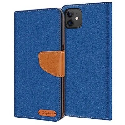Abbildung von Verco kompatibel mit Apple iPhone 11 Hülle, Schutzhülle für Tasche Denim Textil Book Case Flip (6,1 Zoll) Klapphülle, Blau