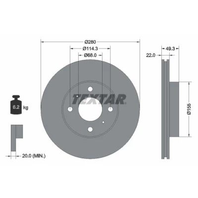 Abbildung von TEXTAR 92109300 Bremsscheibe 280 22 04/06 114,3 innenbelüftet ohne Radbefestigungsbolzen, Radnabe NISSAN: Almera II Schrägheck, 200SX