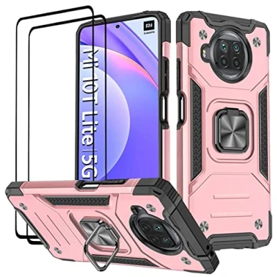 Abbildung von KANSi Hülle kompatibel für Xiaomi Mi 10T Lite 5G, Schutzfolie [2 Stück] Silikon TPU Hart PC Handy Hüllen 360 Grad Drehbar Ringhalter Bumper Stoßdämpfung Schutzhülle 5G Rosé Gold