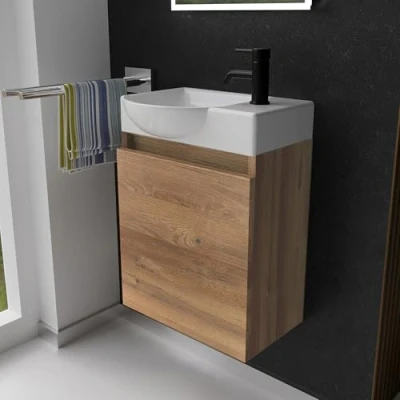 Abbildung von Alpenberger Waschbecken mit Unterschrank 45 cm Breit Waschbeckenunterschrank Klein Gäste WC &amp; Bad Vormontiert Waschtisch Set Badmöbel Bamboo Optik