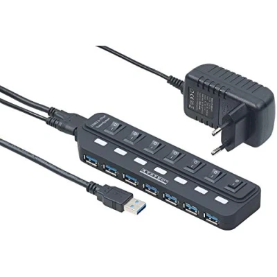 Abbildung von Xystec USB Leiste: Aktiver 3.0 Hub mit 7 Ports, einzeln schaltbar, 2 A Netzteil (USB Umschalter, Switch, Aktive 3 0 Hubs schaltbaren)