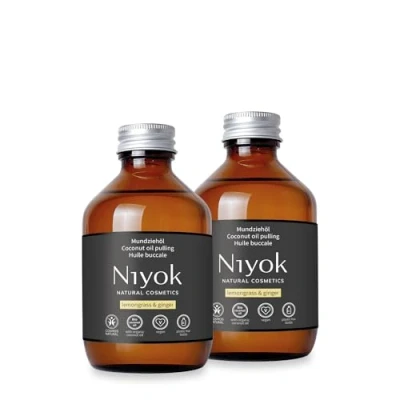 Abbildung von Niyok® Mundziehöl aus Bio Kokosöl &quot;Zitronengras &amp; Ingwer&quot; (2x200ml) Mundspülung mit ätherischen Ölen Kokos Ölziehkur gegen Karies, Zahnstein Mundgeruch Vegan Zahnöl für Ölziehen