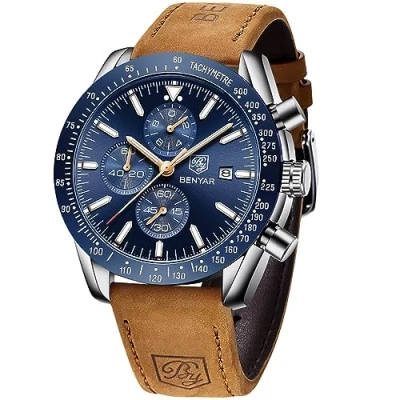 Abbildung von BENYAR herrenuhr Edelstahl Strap Chronograph Quarz Uhr Männer Datum Kalender Wasserdicht Armbanduhr Herren Sport mit Blau/Schwarz Zifferblatt
